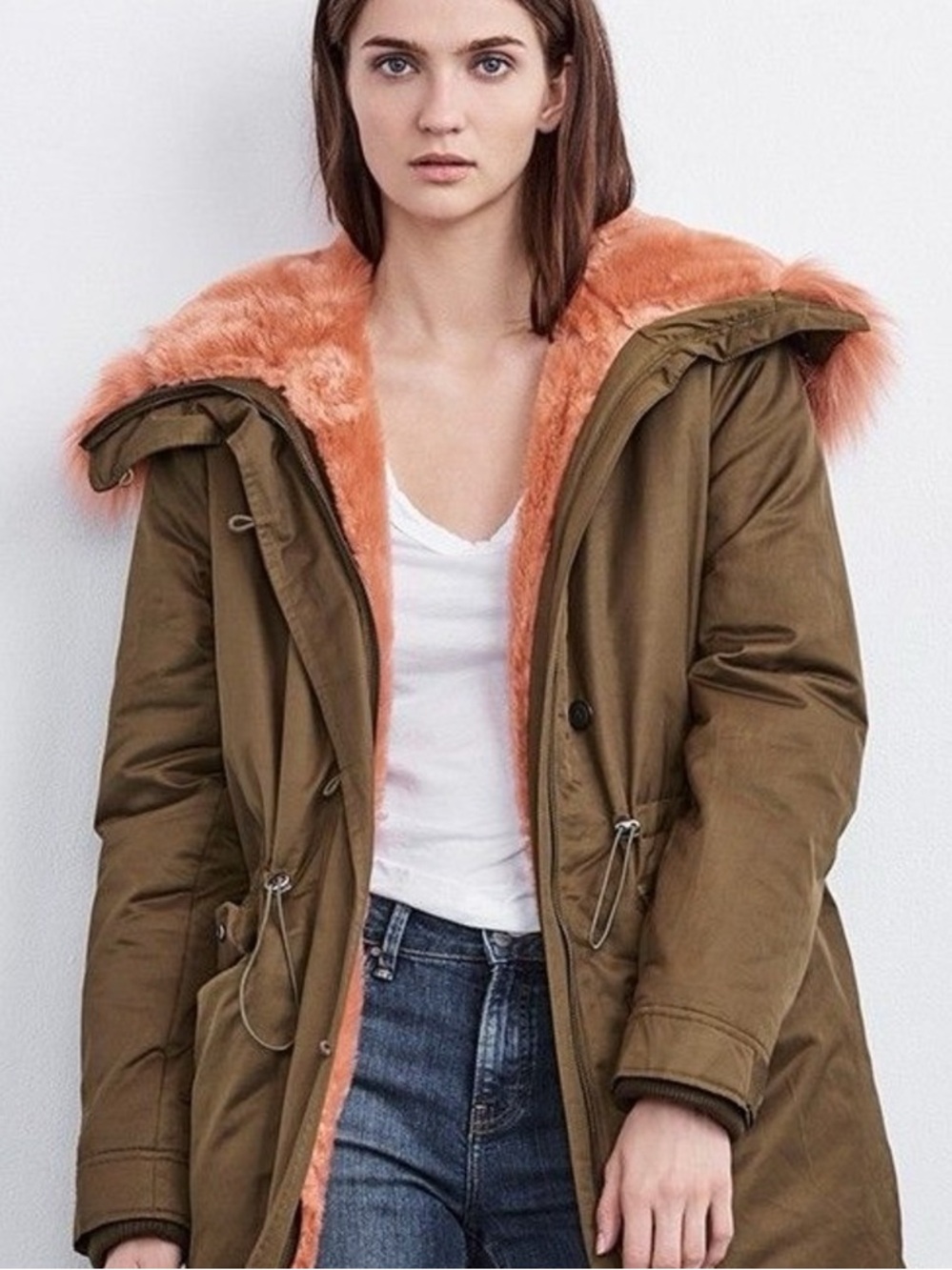 NWOT Velvet by Graham & Spencer Olive Puffer with Peach Faux-Fur Trim Sz Small